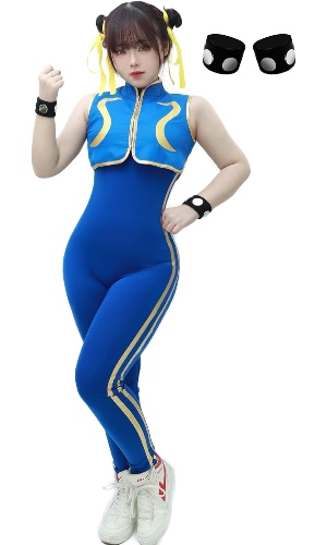 DAZCOS Women's US Size Blue Cheongsam Game Cosplay Halloween Costume Fighter Bodysuit with Bracelet and Hair Ties