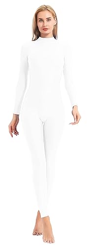 speerise Adult High Neck Zip One Piece Unitard Full Body Leotard Bodycon Jumpsuit for Women - Medium - White