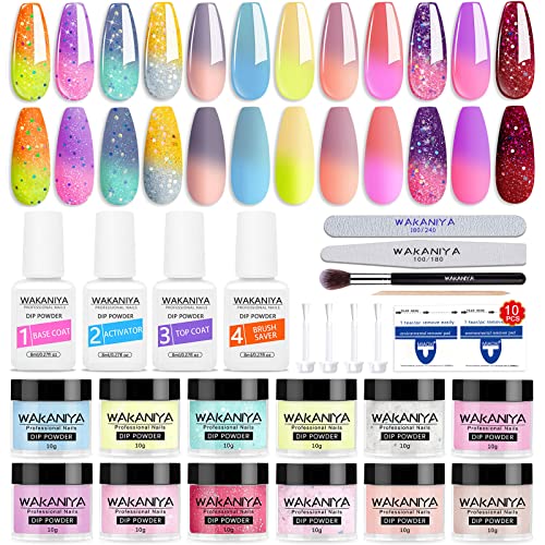 wakaniya Dip Powder Nail Kit 12 Colors Glitter Dipping powder Sun Color Changing Nail Dip Powder Starter Kit with Base Top Coat Activator and Nail Remover Pads Dip Powder Kit with Everythingfor Beginner - 12 colors A