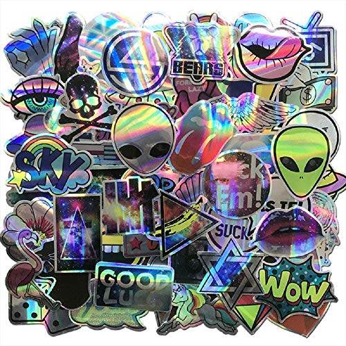 ANKOMINA 80 PCS Cool Waterproof Vinyl Stickers Laser Holographic Alien Stickers for Motorcycle Car Laptop Door Luggage Bike Bicycle Travel Case Water Bottle Decal - As Picture