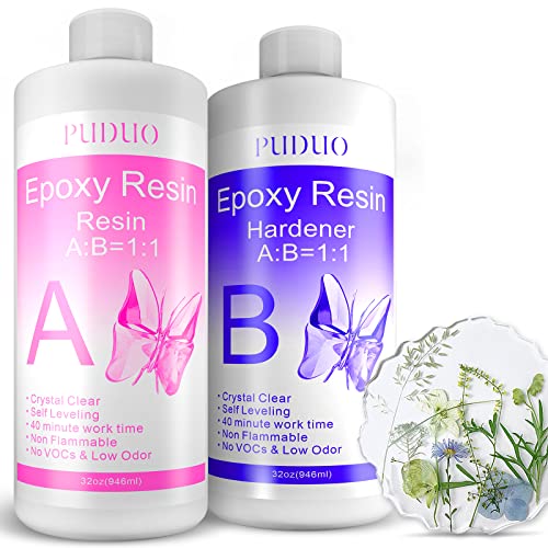 Epoxy Resin Clear Kit 64 OZ for Art, Jewelry Making, Crafts, Keychain - Including 32 OZ Resin and 32 OZ Hardener, Fast Curing 2 Part AB Epoxy Casting Resin by Puduo… - 64 OZ