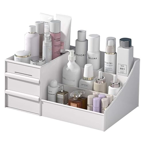 Simbuy Makeup Organizer With Drawers — Countertop Organizer for Cosmetics, Vanity Holder for Lipstick, Brushes, Lotions, Eyeshadow, Nail Polish and Jewelry (White) - White