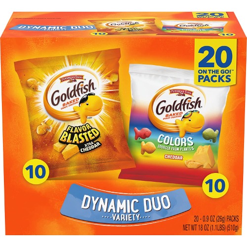 Goldfish Dynamic Duo Colors Crackers, Cheddar And Flavor Blasted Xtra Cheddar Snack Pack, 0.9 Oz, 20-Ct Variety Pack Box - Dynamic Duo Variety