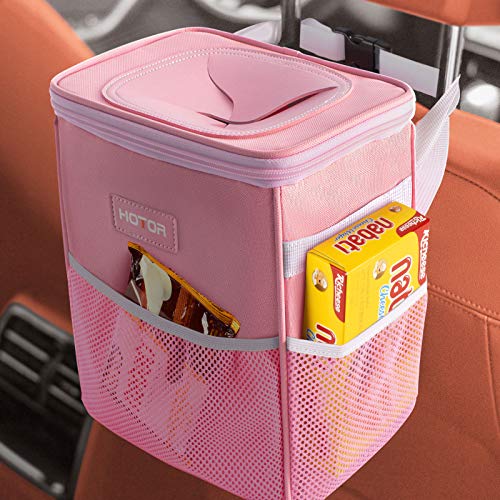 HOTOR Car Trash Can with Lid and Storage Pockets, 100% Leak-Proof Car Organizer, Waterproof Car Garbage Can, Multipurpose Trash Bin for Car - Pink - 2 Gallons - Pink