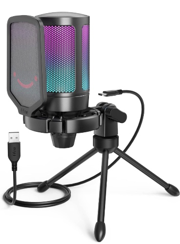 FIFINE Gaming USB Microphone for PC PS5, Condenser Mic with Quick Mute, RGB Indicator, Tripod Stand, Pop Filter, Shock Mount, Gain Control for Streaming Discord Twitch Podcasts Videos- AmpliGame