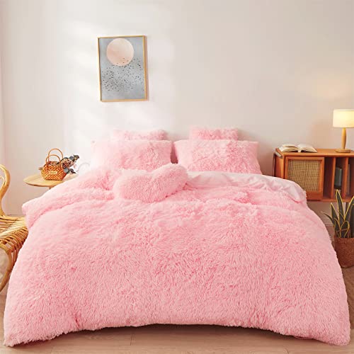 Fluffy Faux Fur Pink Comforter Cover Set Queen - Ultra Soft Plush Pink Bedding Sets 3 Pieces (1 Fluffy Duvet Cover + 2 Faux Fur Pillow case) Cute Pink Bed Set (Light Pink, Queen) - Light Pink - Queen