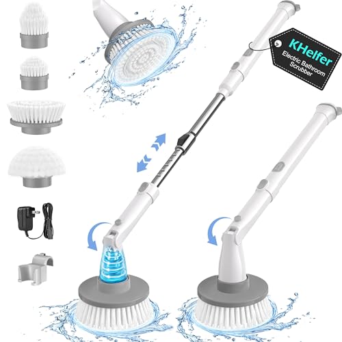 kHelfer Electric Spin Scrubber Kh8, 2023 New Cordless Shower Scrubber, 4 Replacement Head, 1.5H Bathroom Scrubber Dual Speed, Shower Cleaning Brush with Extension Arm for Bathtub Grout Tile Floor - Pearl White