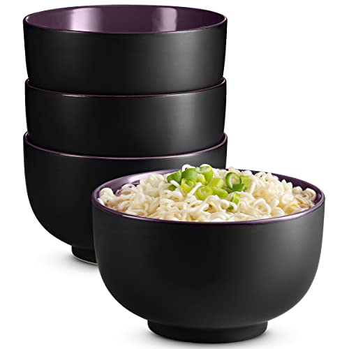 KooK Ceramic Japanese Noodle Bowl Set, Large Capacity, For Ramen, Udon, Soba, Pho and Soup, Microwave and Dishwasher Safe, 34 oz, Set of 4 (Black/Eggplant) - Black/Eggplant