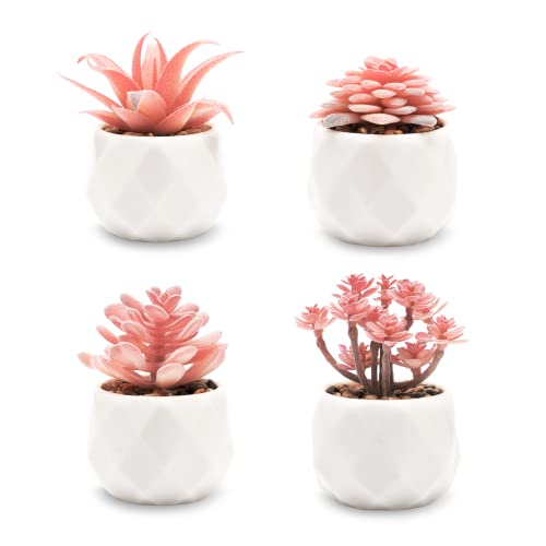 VIVERIE Mini Succulents Plants Artificial in Pots-Rose Pink, Small Fake Succulents Plants for Home Decor Indoor for Women, White Ceramic, Set of 4 - Pink - Ceramic