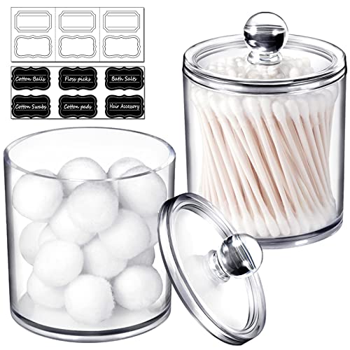15 Oz Qtip Dispenser Apothecary Jars Bathroom with Labels - Qtip Holder Storage Canister Clear Plastic Acrylic Jar for Cotton Ball,Cotton Swab,Q-tips,Cotton Rounds (2 Pack，Small) - Clear - 2 Pack of 15 oz.