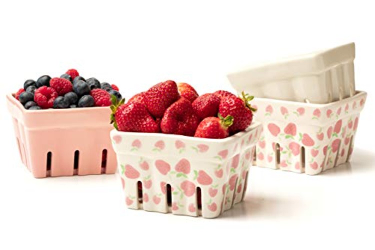 Farmhouse Ceramic Berry Basket, Colander, Strawberry Decor, Fruit Bowls/Baskets, Kawaii Kitchen bowl, Pink White and Cute Strawberry pattern Stoneware Harvest Square Bowls Set of 4 - White,Pink