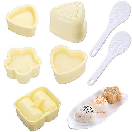 5 Pack Onigiri Sushi Making Mold, Triangle Sushi Press (Large & Small), Heart and Plum Blossom Shaped Sushi Rice Mold, Double Cylindrical Connectors Sushi Maker with 2 Small Rice Paddle - 5 Pack