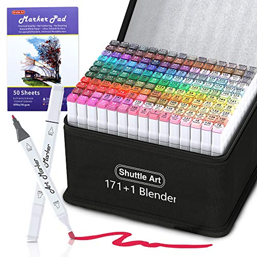 172 Colors Dual Tip Alcohol Based Art Markers,171 Colors plus 1 Blender Permanent Marker 1 Marker Pad with Case Perfect for Kids Adult Coloring Books Sketching and Card Making
