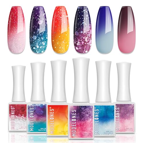 modelones Color Changing Gel Nail Polish, 6 Colors Pink Blue Purple Orange Mood Temperature Change Gel Polish Set Soak Off DIY Home Nail Art - A Red Color Changing