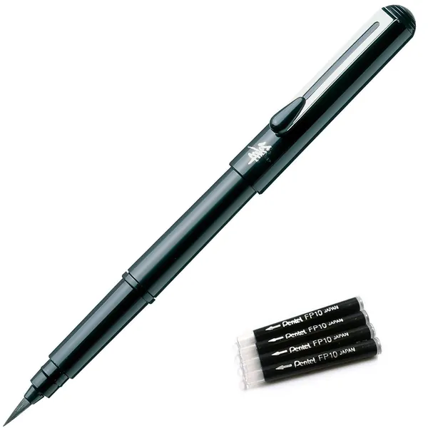 Pentel Arts Portable Pocket Brush Pen (Medium Point) 1Pen 2Refills +Refill FP10 4set - 4 set