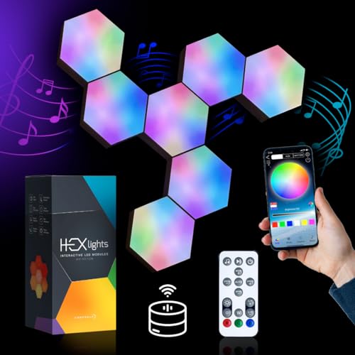 HEXlights 7-Pack App Controlled RGB Wall Panels, LED Hexagon Lights - Light Panels for Wall - Great for Living Room, Bedroom and Game Room Decor - Includes Stand for Tabletop - Wifi App Controlled (Works With Alexa)