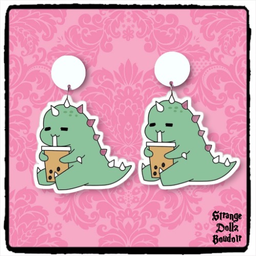 Cute dino boba tea earrings, 925 sterling silver, bubble tea, Cute pastel, Strange Dollz Boudoir
