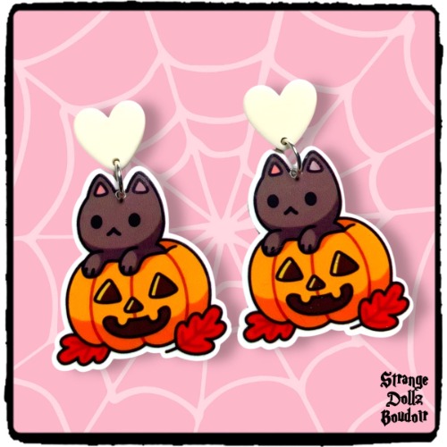 Cute cat and pumpkin earrings, 925 sterling silver, Halloween, Cute pastel, Strange Dollz Boudoir