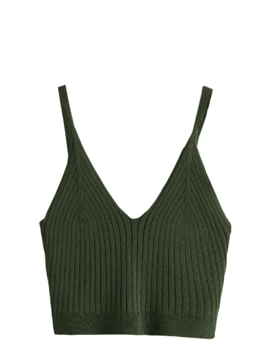 SweatyRocks Women's V Neck Crop Cami Top Ribbed Knit Spaghetti Strap Sleeveless Vest - Medium Solid Army Green
