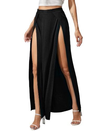 Verdusa Women's Elastic Waist High Split Wrap Flowy Long Maxi Skirt - Medium Black
