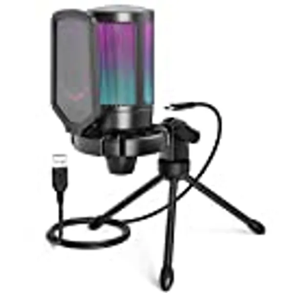FIFINE Gaming USB Microphone for PC PS5, Condenser Mic with Quick Mute, RGB Indicator, Tripod Stand, Pop Filter, Shock Mount, Gain Control for Streaming Discord Twitch Podcasts Videos- AmpliGame