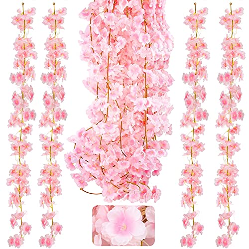KONUNUS 4 Pack Artificial Cherry Blossom, 5.9ft Artificial Silk Cherry Blossom Hanging Vine Garland for Home Wedding Indoor Outdoor Garden Wall Decor Party Decoration