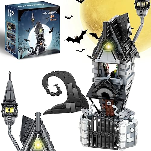 Haunted Village House Building Blocks Set, Halloween Christmas Haunted Building Kit with Led Light, 2 Minifigures, Creative Festival Toy Kit Gifts for Kids or Movie Fans (766pcs)