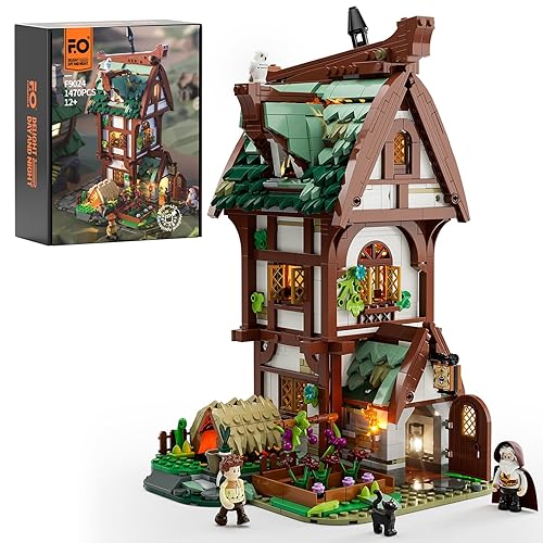 Funwhole Medieval Apothecary Shop Lighting Building-Bricks Set - Compatible with Standard Bricks Medieval Series Collectible Display House 1470 Pcs for Adults and Teen