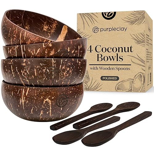 PURPLECLAY Coconut Bowls and Wooden Spoons Set of 4 – Natural, Hand-Crafted, Vegan-Friendly, Salad, Smoothie or Buddha Bowl and Kitchen Utensils (4 Polished Bowls & Spoons) - 4 - Polished