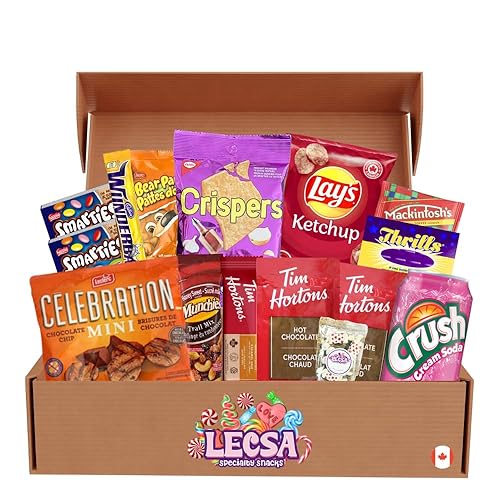 Canadian Snack Care Package - Variety Pack of Treats for Kids and Adults - Snack Box with Cookies, Toffee, Sour Candy, Wine gums, Crackers, and Many More, – Gift Basket of Delicious Sweets by Lecsa Specialty Snacks (Products may vary due to availability - 15 Count) - 15 Count