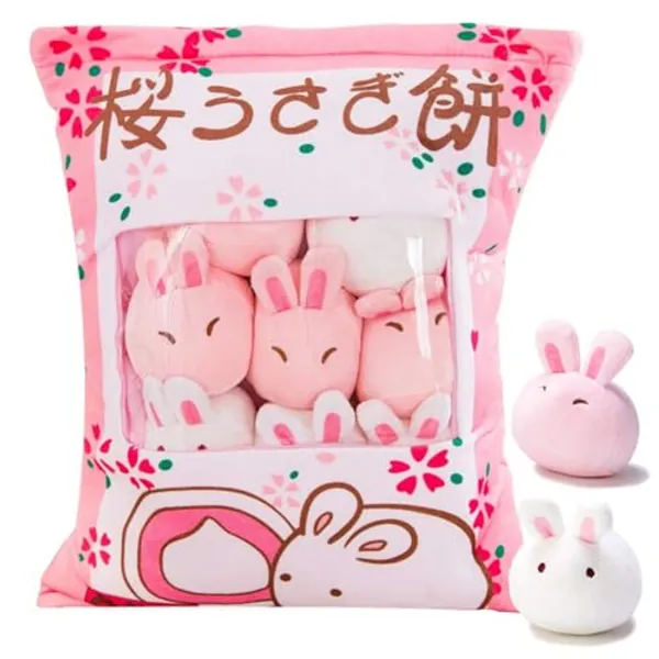 JILPAK Kawaii Bunny Plush Pillow Throw Pillow, Cute Plushies Bunny Plush Toys, Removable Bunny Stuffed Animals, Bunny Gift for Kids Birthday Easter - 8 Kawaii Bunny (Pink)