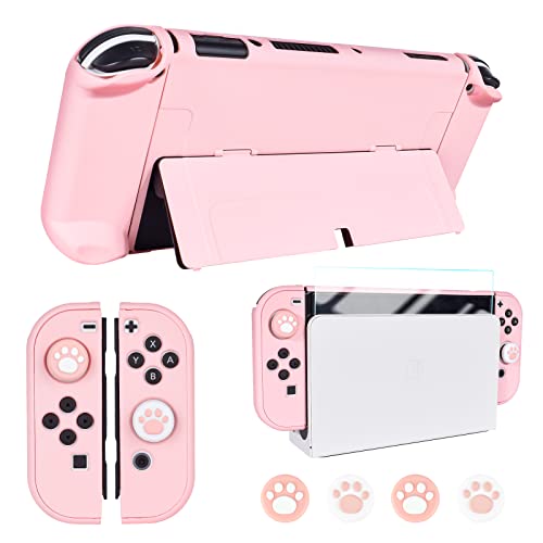 DLseego Protective Case Design for Nintendo Switch OLED Joy-Con Controllers New Model 2021 with Glass Screen Protector and 4 Cute Thumb Grip Caps, Anti-Scratch Baby Skin Touch Grip Cover - Pink - Pink