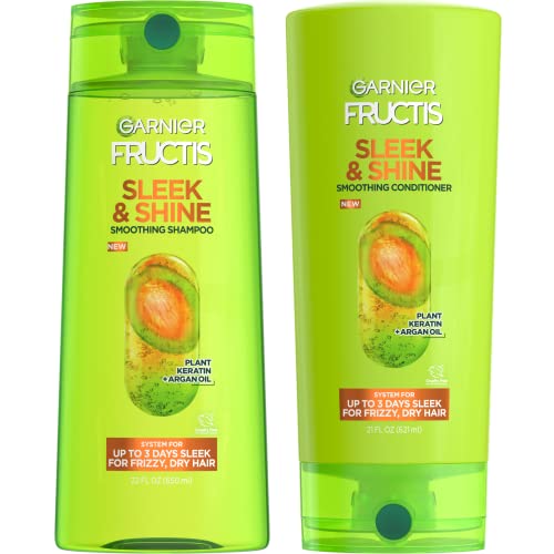 Garnier Fructis Sleek & Shine Shampoo (22 Fl Oz) + Conditioner (21 Fl Oz) Set for Frizzy, Dry Hair, Plant Keratin + Argan Oil (2 Items), 1 Kit (Packaging May Vary) - 2 Piece Set