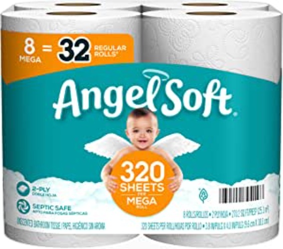 Angel Soft® Toilet Paper, 8 Mega Rolls = 32 Regular Rolls, 2-Ply Bath Tissue, 320 Sheets per Roll, 8 Count