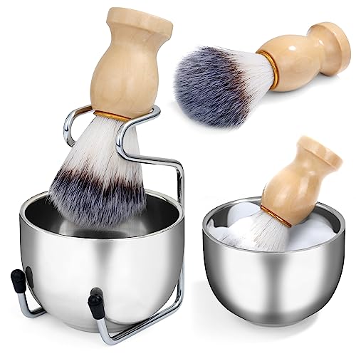Mens Shaving Brush and Bowl Set, 3-in-1 Shaving Brush Kit Wood Handle with Stainless Steel Shaving Bowl & Brush Stand, Perfect Shaving Gift Kit for Father Husband Boyfriend Birthday Valentine’s Day