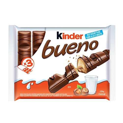 Kinder Bueno Milk Chocolate Candy Bars, 129 grams (Pack of 3) | Individually Wrapped Bars | Hazelnut Cream - Kinder Bueno Milk Chocolate - 3 Packs (129g)