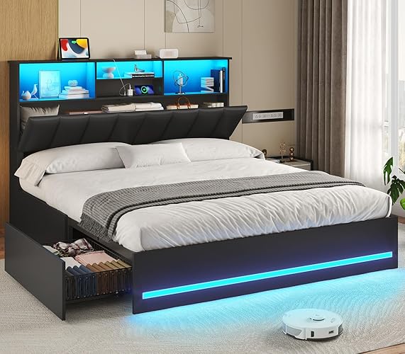 VIAGDO Queen Bed Frame with Bookcase Headboard, Wooden Bed Frame Queen Size with Charging Station, 4 Storage Drawers and LED Lights, with Type-C and USB, No Box Spring Needed, Black - Black - Queen