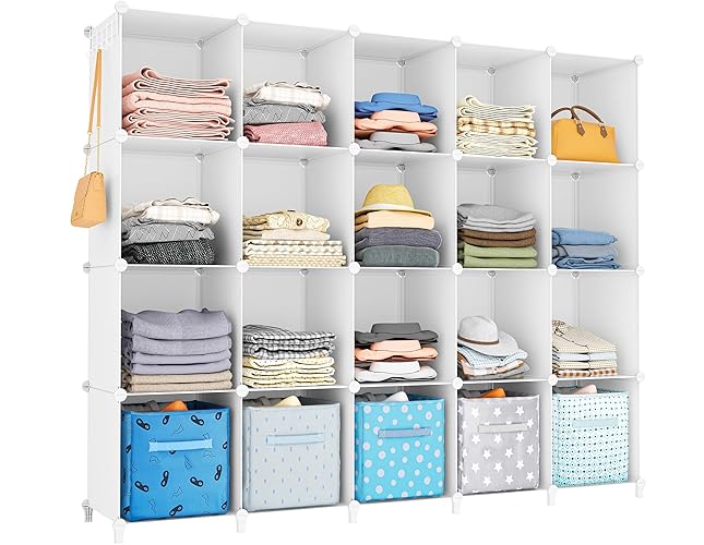 HOMIDEC 20-Cube Storage Shelf, Storage Bookcase Bookshelf with Metal Hammer, Storage Cubes Organizer Cabinet for Kids, Closet, Bedroom, Bathroom, (11.8x11.8x11.8 inch) - White - 60x48x12''