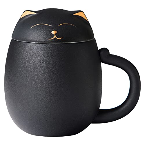 HEER Ceramic Tea Mug with Infuser and Lid, Cute Cat Tea Cup with Filter for Steeping Loose Leaf, Chinese Handmade Porcelain Teacup for Home Office. (Black) - Black