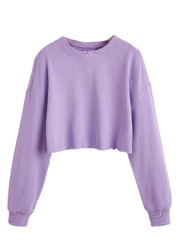 SweatyRocks Women's Casual Long Sleeve Raw Hem Pullover Crop Tops Sweatshirts - Large Lilac Purple
