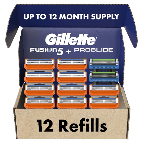 Gillette Mens Razor Blade Refills, 10 Fusion5 Cartridges, 2 ProGlide Cartridges, Lubrastrip for a More Comfortable Shave - 12 Refills