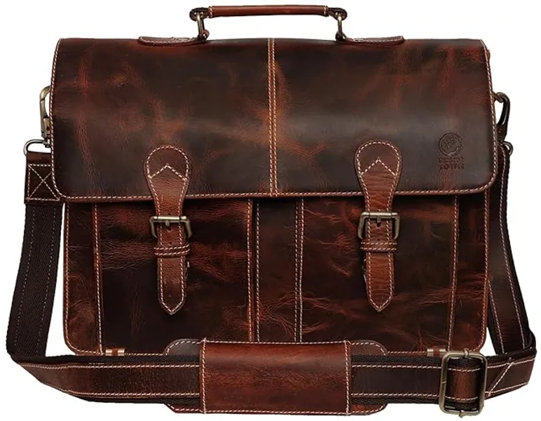 RUSTIC TOWN Handmade Leather Shoulder Briefcase Messenger Bag Mens 16 inch Laptop Satchel - Walnut Brown