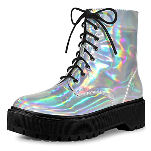 Allegra K Women's Round Toe Platform Lace Up Colorful Combat Ankle Boots - 9 - Silver