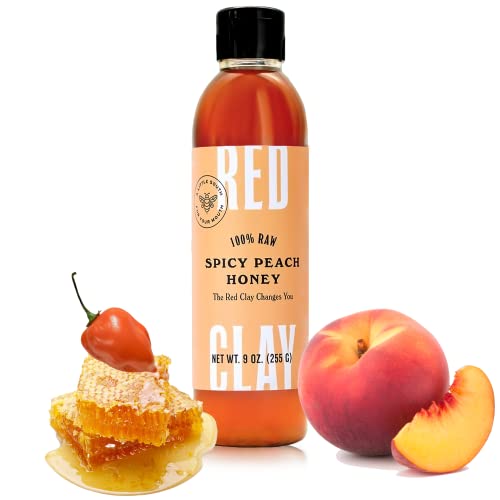 Red Clay Spicy Peach Hot Honey, 100% Pure, Raw Wildflower Honey Infused with Real Peach Juice, 9 oz - Honey: Hot-Hot 9 Ounce (Pack of 1)