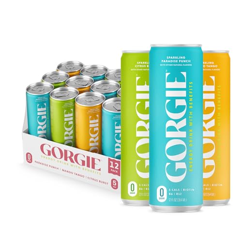 GORGIE Tropical Variety, Sugar-Free Natural Energy Drink Sparkling, Healthy Energy Drinks - Green Tea, Biotin, B Vitamins -150mg Caffeine, Vegan, & Low Calorie (Pack of 12) - Variety Tropical - 1 Count (Pack of 12)