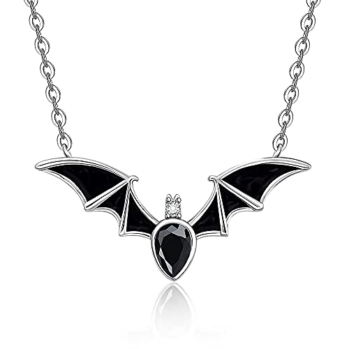 Halloween Bat Necklace Sterling Silver for Women Black Ruby Amethyst Sapphire Diamond Cubic Zirconia Choker Vampire Witch Ghost Vintage Gothic Festival Classic Witch Funny Cute Dainty Christmas Gift - Black