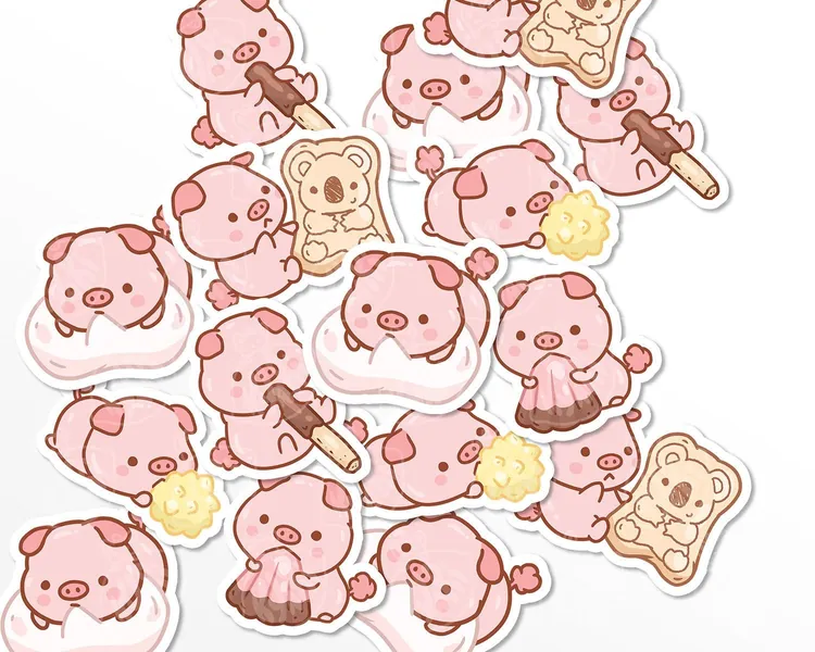 Japanese Snack Piggy Sticker Set, Cute Pig Stickers, Food Sticker Pack