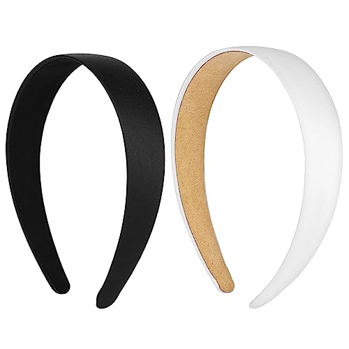 WLLHYF 2 Pieces Satin Headbands 1 Inch Wide Hard Head Band Fashion Solid Headband Anti-slip Plain Hair Bands Diy Hair Accessories for Women Girls Halloween Christmas (White+Black) - White+Black