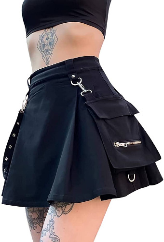 Ruolai Goth Black Pleated Mini Skirt with Chain High Waisted Tennis Skirt - Black Large