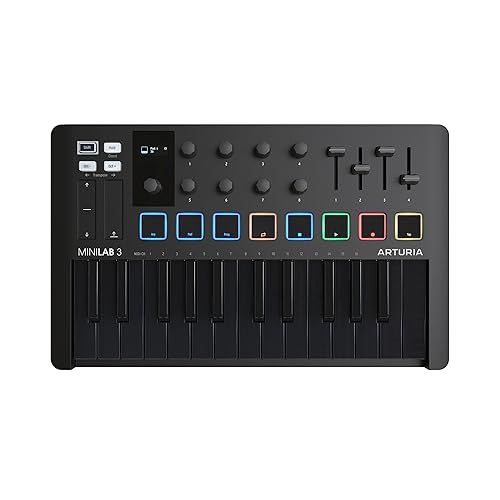 Arturia MiniLab 3, 25 Slim-Key USB-C Midi Controller with 5-Year Warranty, 8 Backlit LED Pads, 8 Knobs, 4 Faders, Midi Out, Built-in Arpeggiator, Chord mode and Software Bundle - Deep Black - Deep Black